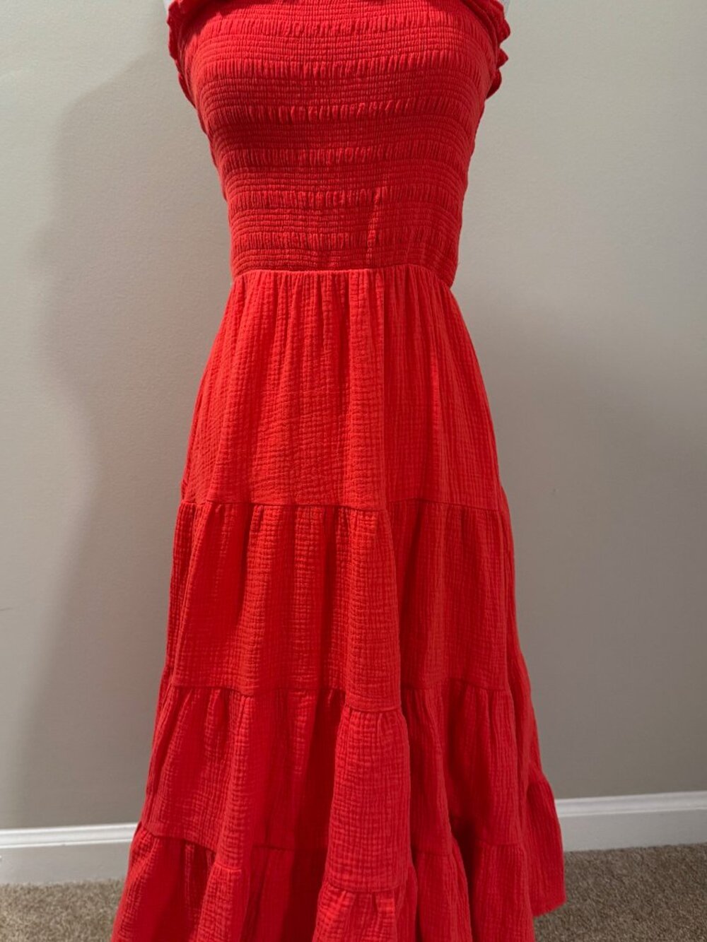 Womens XS C&C California Red Smocked Sleeveless Maxi Dress